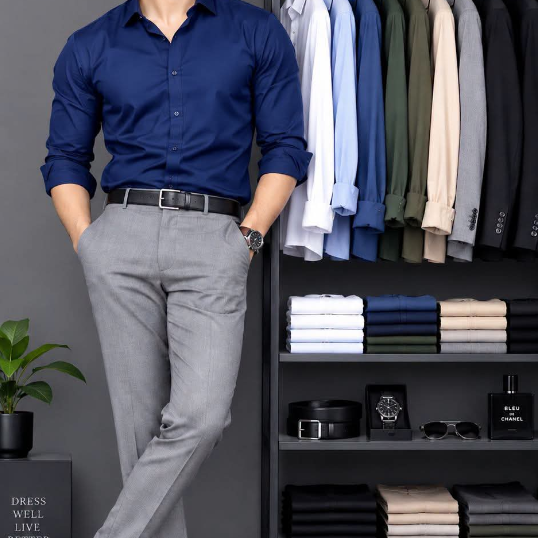 Navy Blue Shirt and Light Grey Pant Set