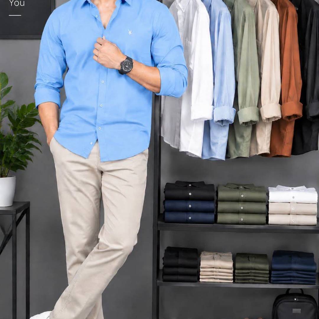 Sky Blue Shirt and Beige Pant Set