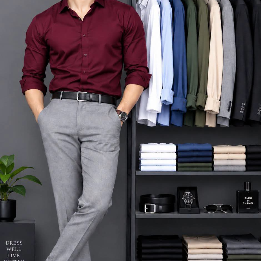 Burgundy Shirt and Light Grey Pant Set
